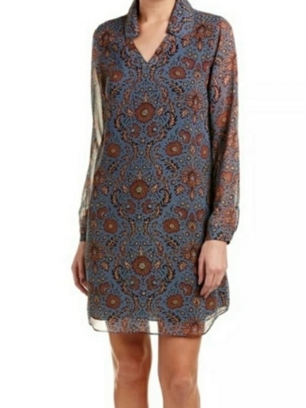 Cabi Provincial Blue Paisley Long-Sleeve Lined Shift Dress